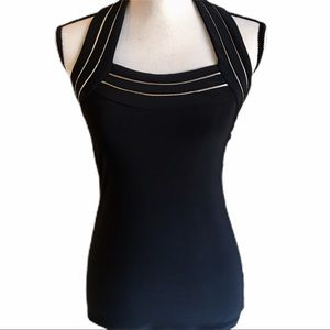 WHBM black halter top with gold accents